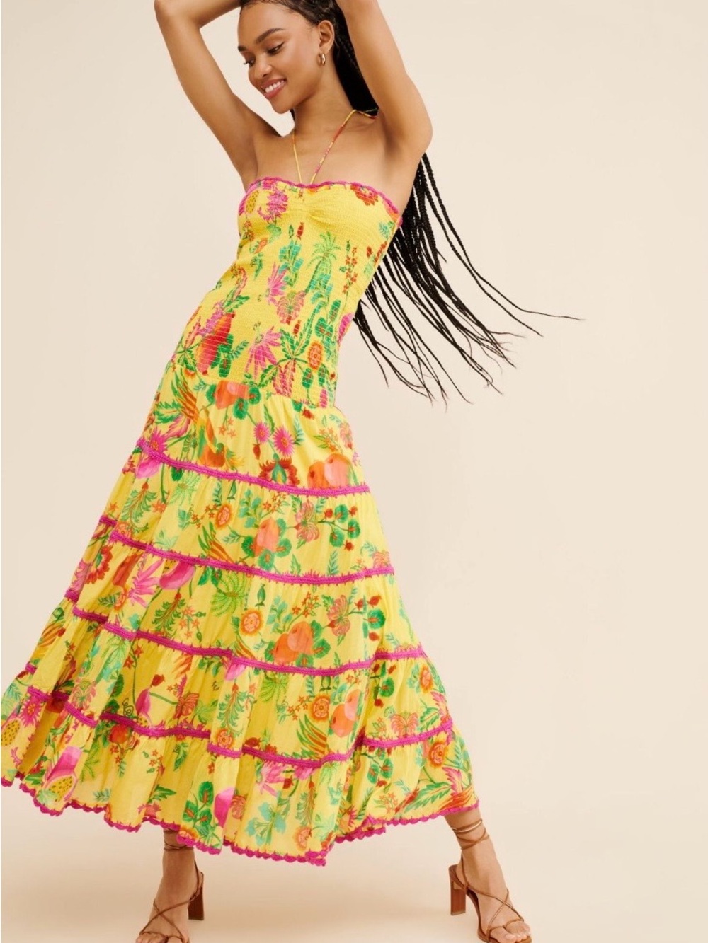 Yellow Floral Smocked Maxi Dress with Pink Trim